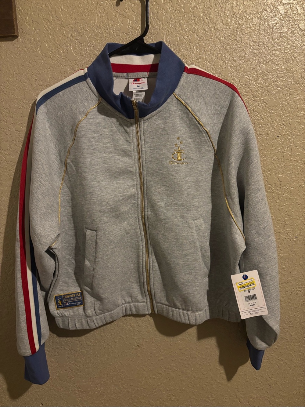 Champion Gray Track Jacket with Red and Blue Stripe Accents